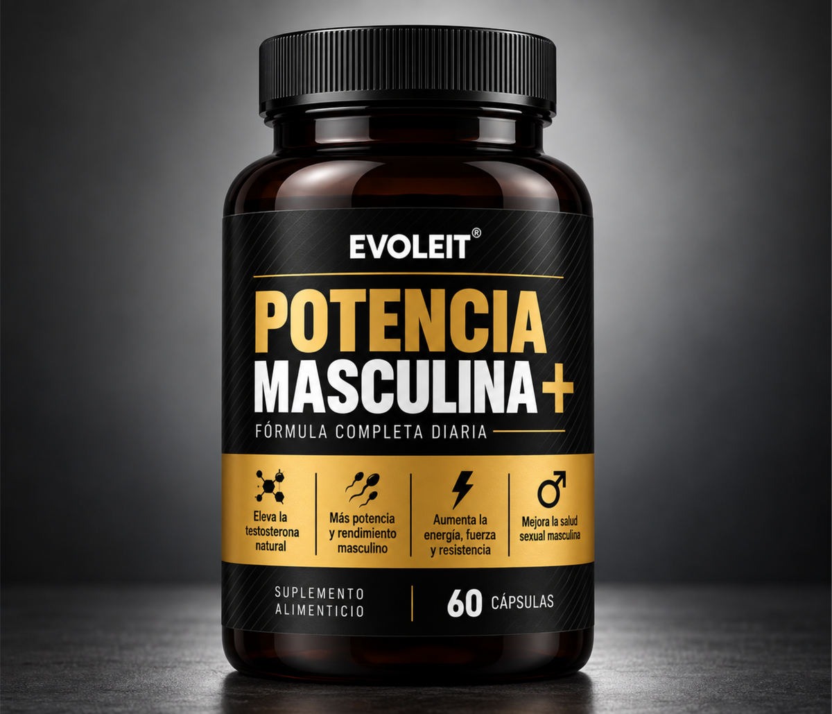 POTENCIA MASCULINA+ EVOLEIT® con Maca Negra, Huanarpo Macho, Ashwagandha, Ginseng, Shilajit y Zinc. Fórmula diaria para vitalidad, energía y rendimiento masculino.