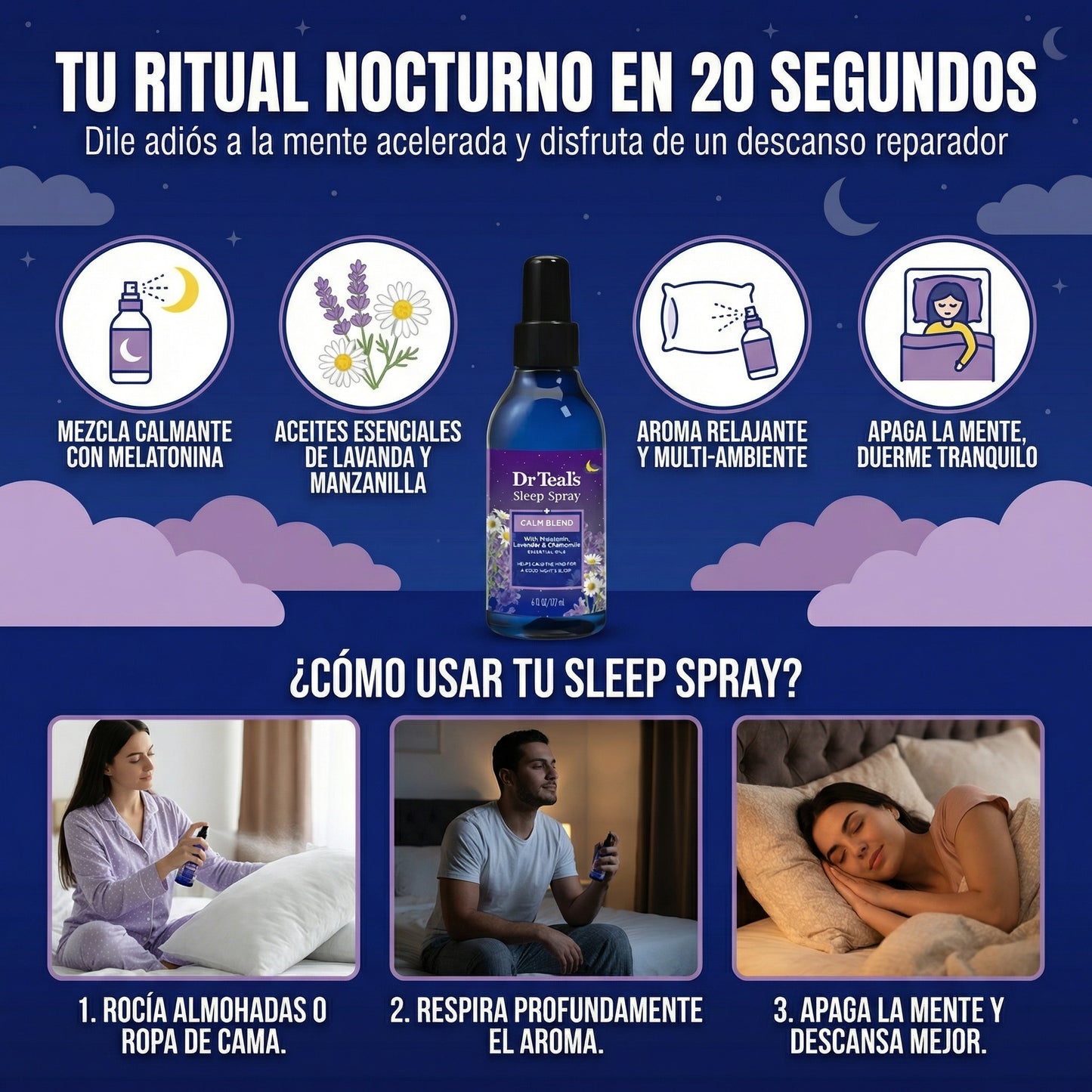 Dr Teal's® - Spray para Dormir con aceites esenciales - Melatonina, Lavanda y Manzanilla
